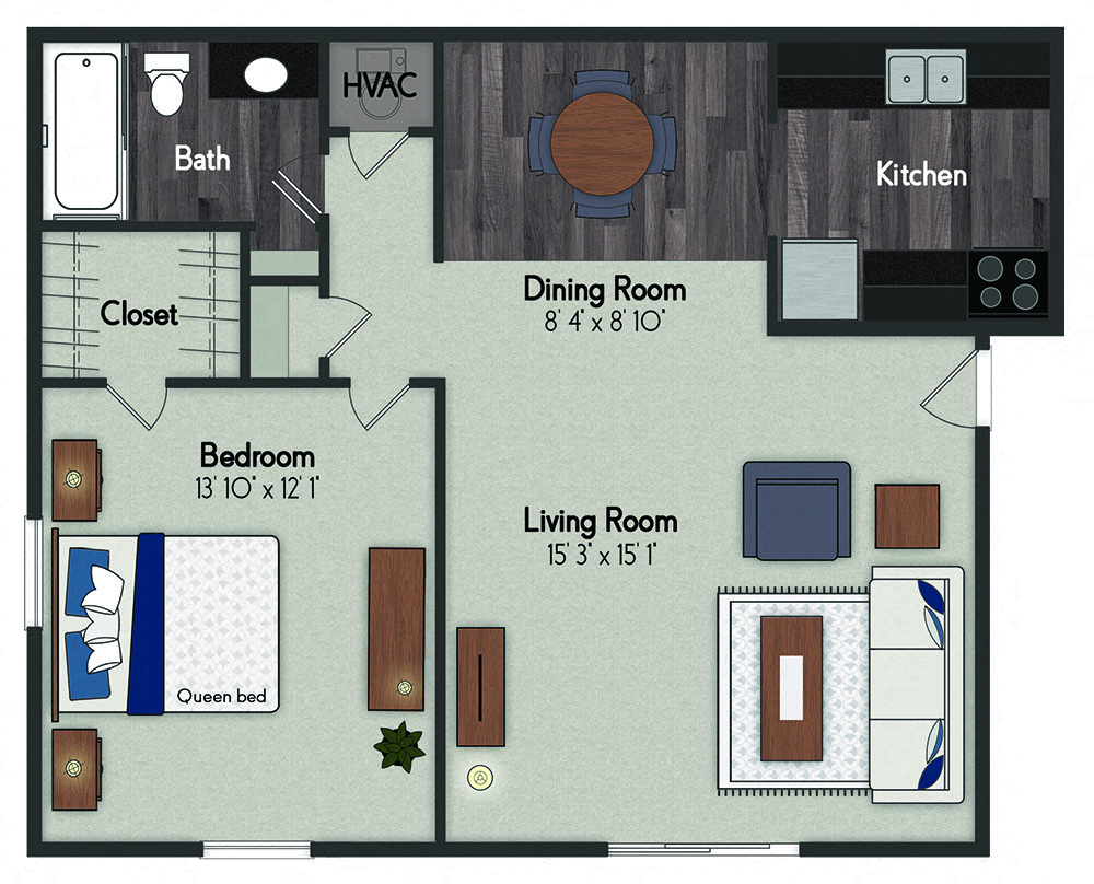 Floor plan for 1 bed, 1 bath, 725 sqft